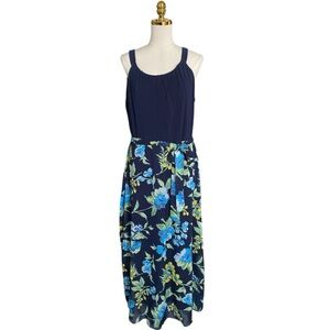 Robbie Bee Women’s Navy Blue Top Floral Skirt Sleeveless Flowy Maxi Dress Sz XL